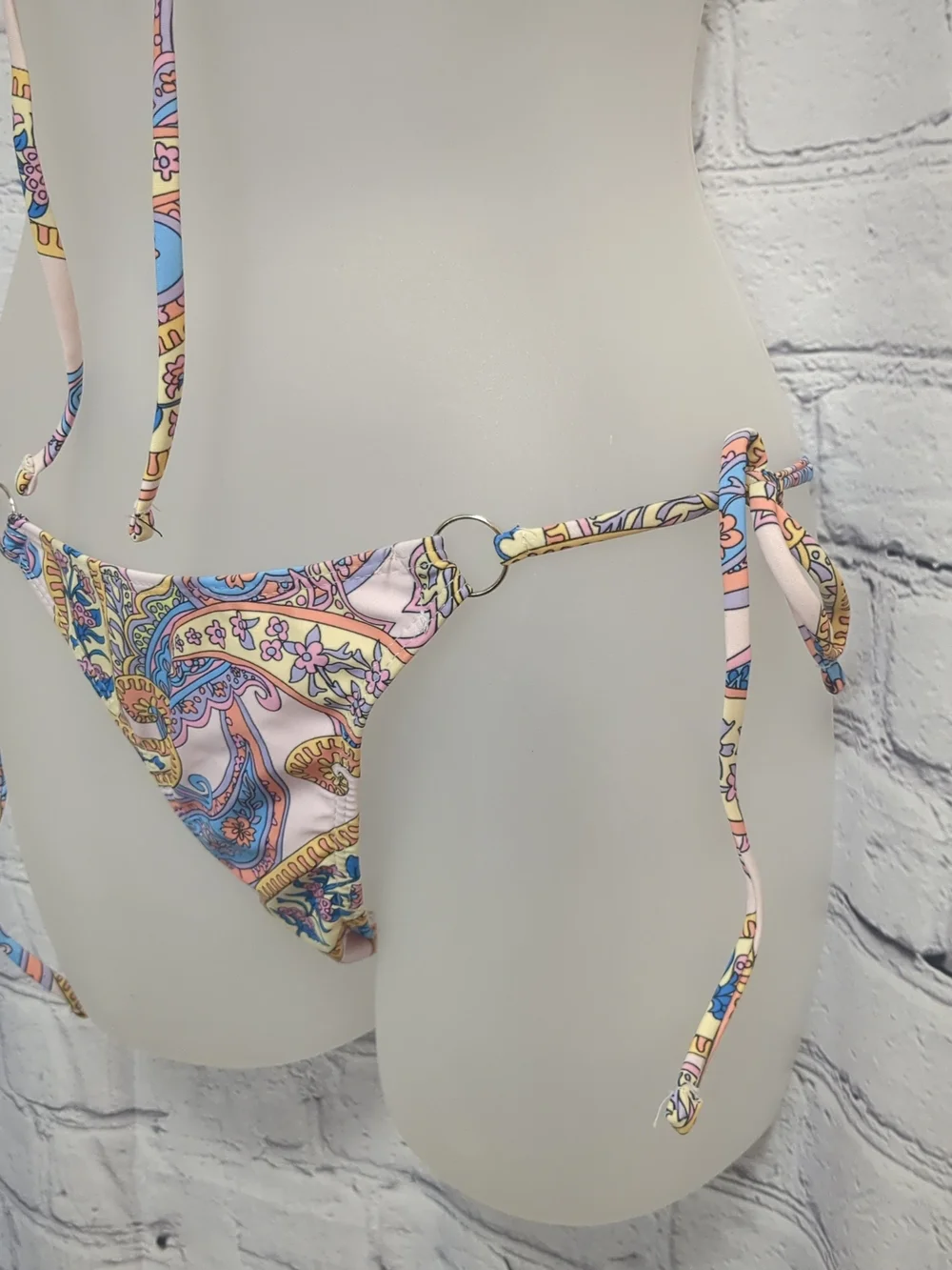 Paisley Print Triangle String Bikini - Pink, Blue & Yellow